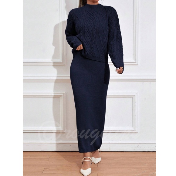 2 Piece Knit Skirt Set Navy Blue Long Skirt & Cable Knit Sweater - Picture 6 of 8
